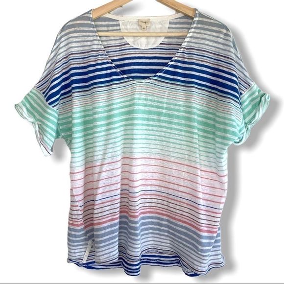 Wilfred Free  Lightweight Striped V Neck T Shirt - Picture 1 of 6